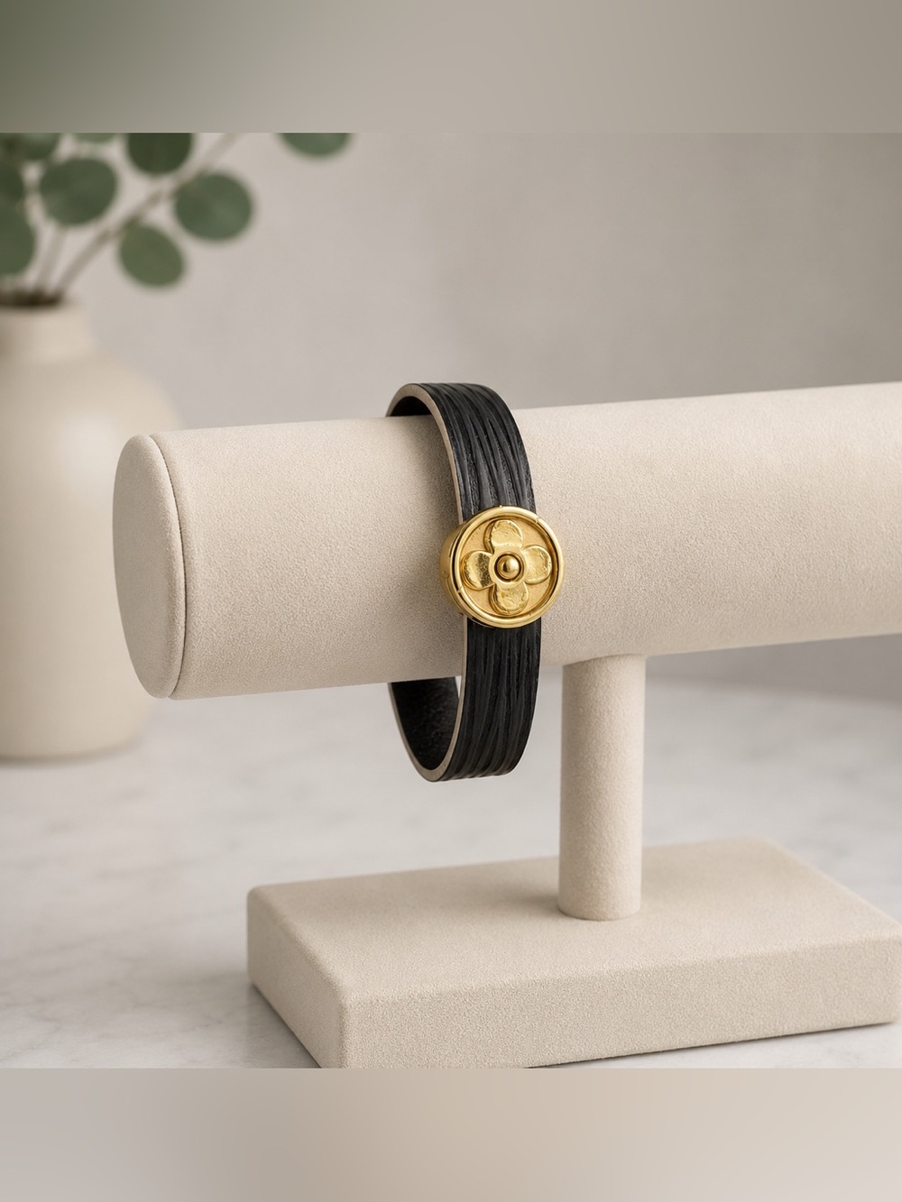 Louis Vuitton Black Leather Bracelet with Gold Monogram Medallion